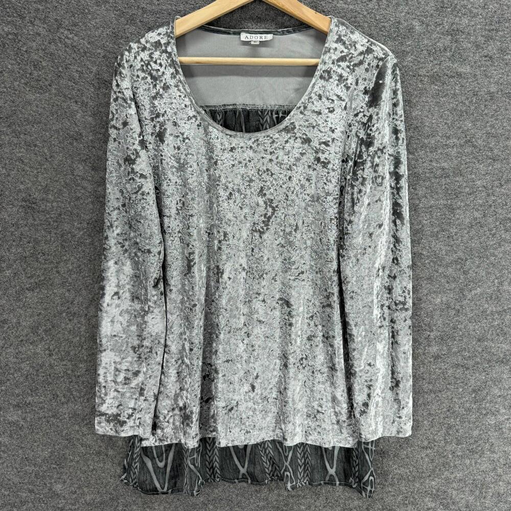 Adore Blouse Women S Small Gray Geometric Long Sleeve Velvet Round Neck Casual - Picture 1 of 7